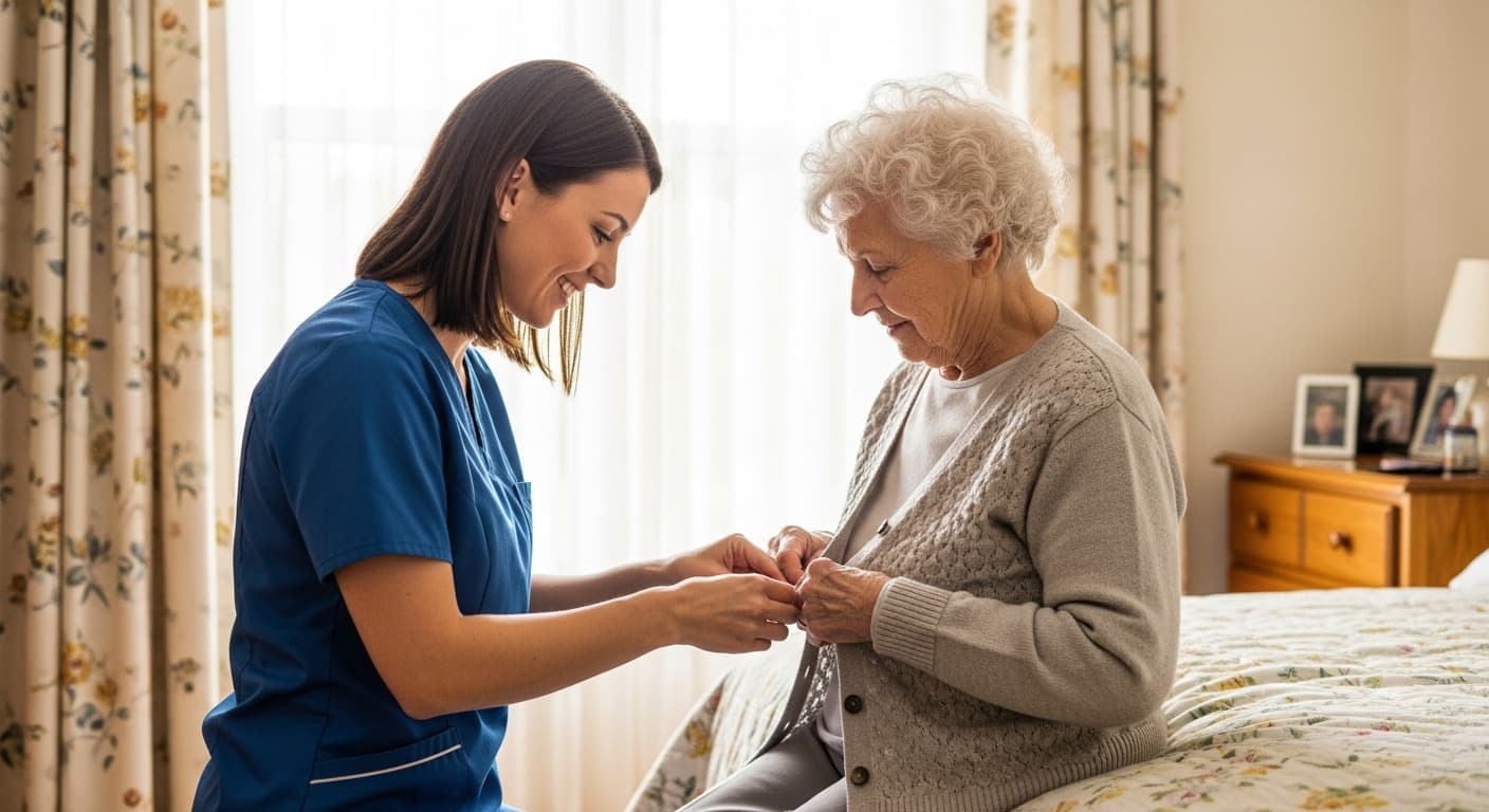 Caregiver helping senior woman with hair