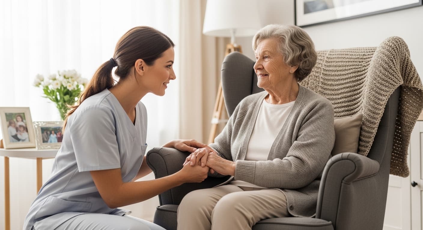 Senior woman looking at phone with caregiver
